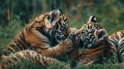 Obraz premium Photorealistic Bengal tiger cub wrestling playfully sibling soft grass cinematic color grading ultra sharp 8k resolution realistic body proportion plain neutral background raw DSLR photo natural