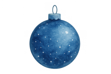 Blue watercolor christmas bauble ornament with white painted snow dots, decorative holiday season art element transparent background
