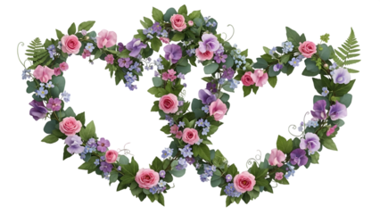 Interlinked Floral Heart Shapes with Flowers and Greenery Isolated on White