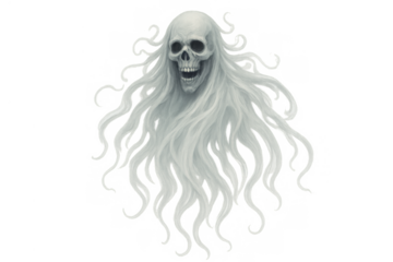 Ghost skull spirit with flowing white spectral shroud representing fear horror and supernatural mystery on transparent background