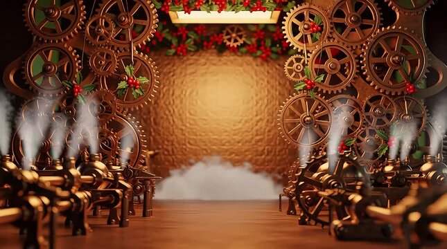 Steampunk gears and holly on copper background with steam effects