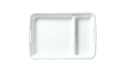 Top-down view of an empty white rectangular food container with a central divider