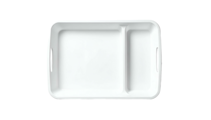 Top-down view of an empty white rectangular food container with a central divider