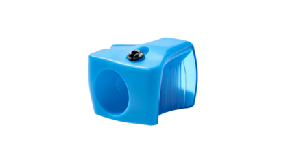 Isolated vibrant blue plastic manual pencil sharpener on a solid black background