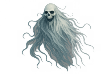 Ghostly spirit flying with a screaming skull face and flowing spectral hair, spooky fantasy horror element on transparent background