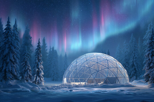 Stunning geodesic dome in snowy forest under vibrant aurora borealis