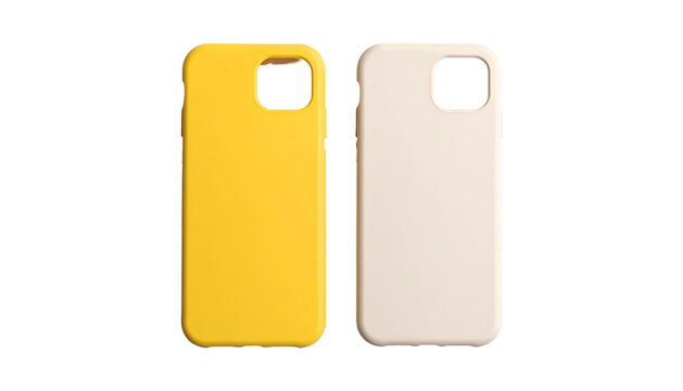 Two simple, colorful phone cases. One yellow, one off-white, both with camera cutouts