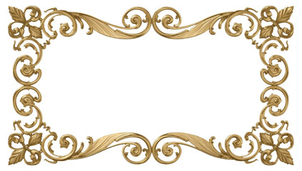 Luxurious golden ornate frame with intricate classical scrollwork, presented in lucid realism against a pristine white background for elegant decorative design elements
