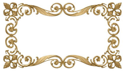 Luxurious golden ornate frame with intricate classical scrollwork, presented in lucid realism against a pristine white background for elegant decorative design elements