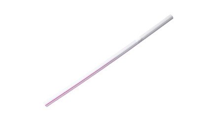 A white plastic drinking tube, bent, with a pink stripe, set against a black background