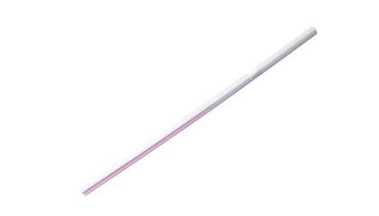 A white plastic drinking tube, bent, with a pink stripe, set against a black background