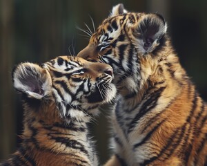 Fototapeta premium Tiger cub biting gently sibling ear playful mood cinematic warm grading hyper realistic texture 8k proportionate anatomy plain neutral background raw DSLR photo natural daylight lifelike sharp detail