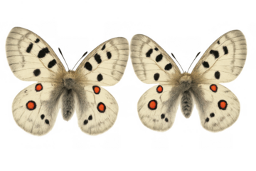 Two apollo butterflies, parnassius apollo, displaying their distinctive white wings with black and red spots, nature cutout isolated on transparent background