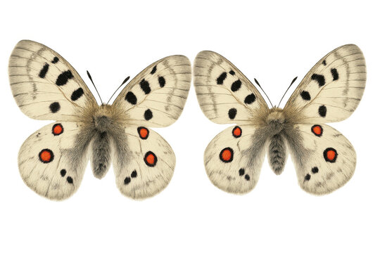 Two apollo butterflies, parnassius apollo, displaying their distinctive white wings with black and red spots, nature cutout isolated on transparent background