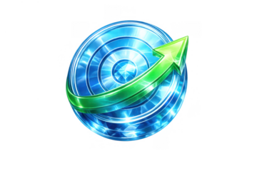 Achieving financial growth success with up arrow on glowing blue glass target icon, transparent background