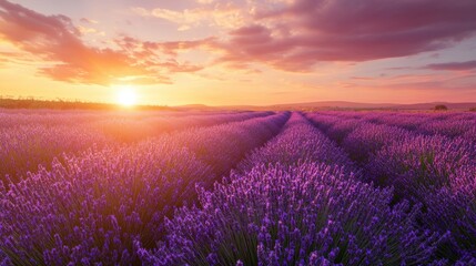 Rows of lavender stretch across the landscape as the sun sets, filling the sky with colors and illuminating the fields with a soft glow