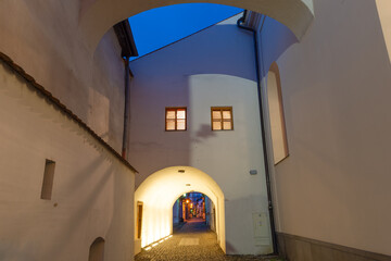Historic artisan cobblestone Hrnciarska street in pedestrian medieval part of Kosice, Slovakia