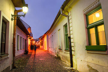 Historic artisan cobblestone Hrnciarska street in pedestrian medieval part of Kosice, Slovakia