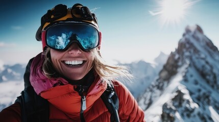 A female mountaineer stands on top of a snowy peak, smiling after reaching the summit. The sky is bright and clear, showcasing mountains in the background