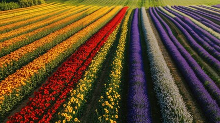 Aerial view presents multicolored flower fields arranged in rows in a rural area under bright sunlight. Colors include red, yellow, purple, and lavender blooms
