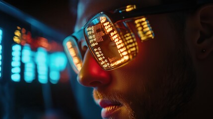 A hacker studies data on a transparent screen. Bright lights surround him in a high-tech urban setting. The scene takes place at night