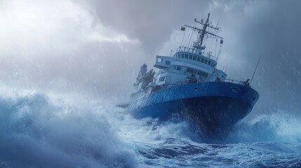 A blue icebreaker struggles against large waves in a storm. The scene shows the ship battling the elements in the open sea at dawn