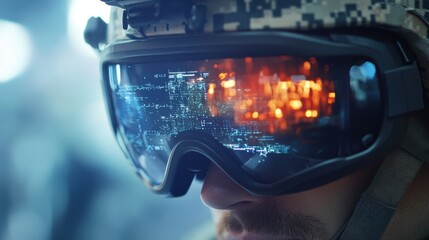 Close-up shows a soldier using augmented reality goggles, looking toward a city landscape with digital data displayed on the lenses