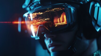 Modern soldier focuses on augmented technology while preparing for action in a tactical setting, showing tools for training and awareness