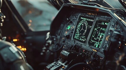 Military pilot focuses on flight controls and displays in fighter jet cockpit while preparing for takeoff during a clear morning
