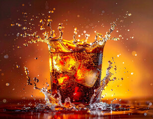 Dramatic splash of dark cola with ice cubes against a glowing orange background. This image was created with AI to highlight sparkling carbonation and energy.