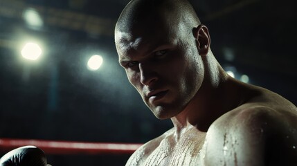 A Caucasian male boxer stands in a boxing ring. He shows focus before a match, with sweat on his skin and the crowd waiting. Lights shine above him