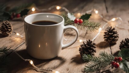 Cozy Winter Coffee Mug with Pinecones and Twinkling Lights on Rustic Wood.