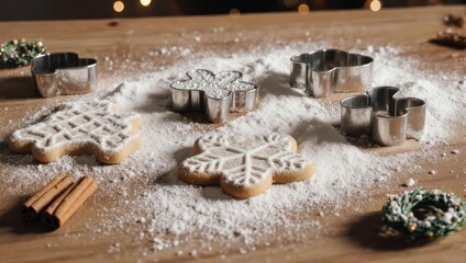 Festive Christmas Cookies with Snowflake Icing and Cookie Cutters.