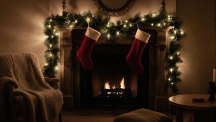 Cozy Christmas evening by a warm fireplace with stockings and lights.