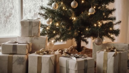 Beautifully Wrapped Christmas Presents Under a Decorated Tree.