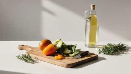 Freshly chopped vegetables on a wooden board with olive oil bottle.