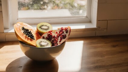 Bowl of Fresh Fruits on Wooden Countertop by Window.