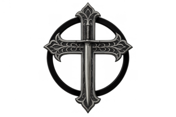 Ornate gothic metal cross with sword symbolising religion, power, and protection, transparent background