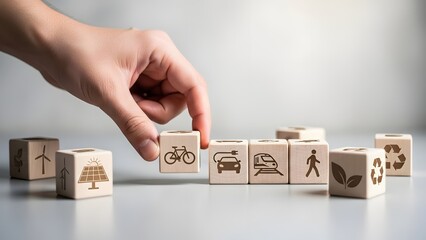 Hand arranging wooden blocks with transportation icons on a white surface