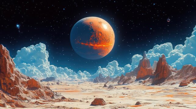 Pixelated Alien Planet Landscape With Giant Orange Moon And Distant Stars Under A Starry Night Sky