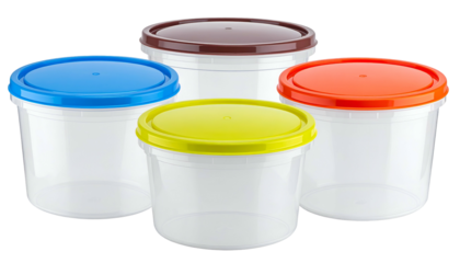 Four clear plastic containers, each with a different colored lid, are grouped together