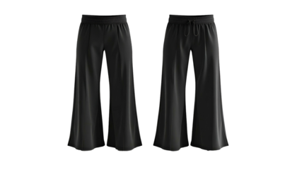 Two black palazzo pants, symmetrical view, elastic waist and drawstring detail