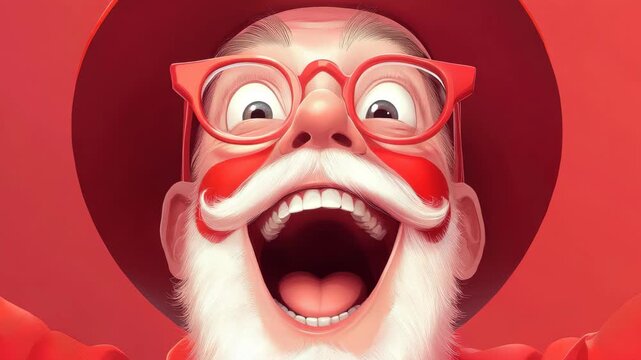 Joyful Man in Red: An exuberant man, brimming with sheer delight and wearing red attire and eyeglasses, offers a close-up expression of unrestrained happiness.