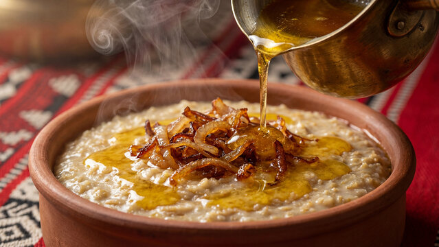 Pouring golden ghee over traditional Saudi Jareesh dish in clay bowl