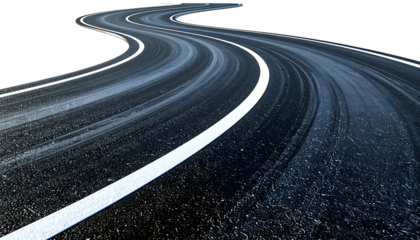 Asphalt road curves sharply, white lines guide movement. Black background isolates the path