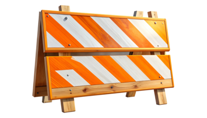 Orange and white striped barrier with wooden supports, standing against a black background