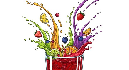 Vibrant Fruit Juice Splash Explosion in a Glass with Fresh Fruits.