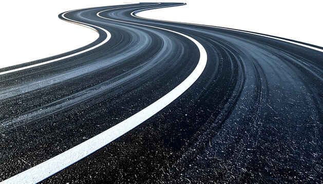 Asphalt road curves sharply, white lines guide movement. Black background isolates the path