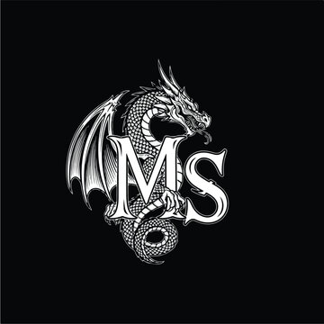 Monogram MS with Dragon Black and White Mythical Creature Fantasy Art Elegant Design Detailed Illustration Majestic Beast Ancient Symbol Powerful Imagery Mystical Emblem Legendary Figure Winged Serpe.