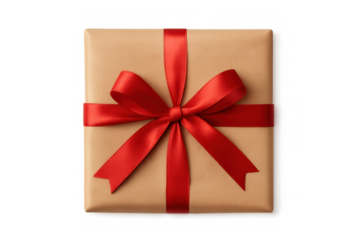 Gift box in kraft paper with a red ribbon bow, celebrating special occasions and holidays, transparent background